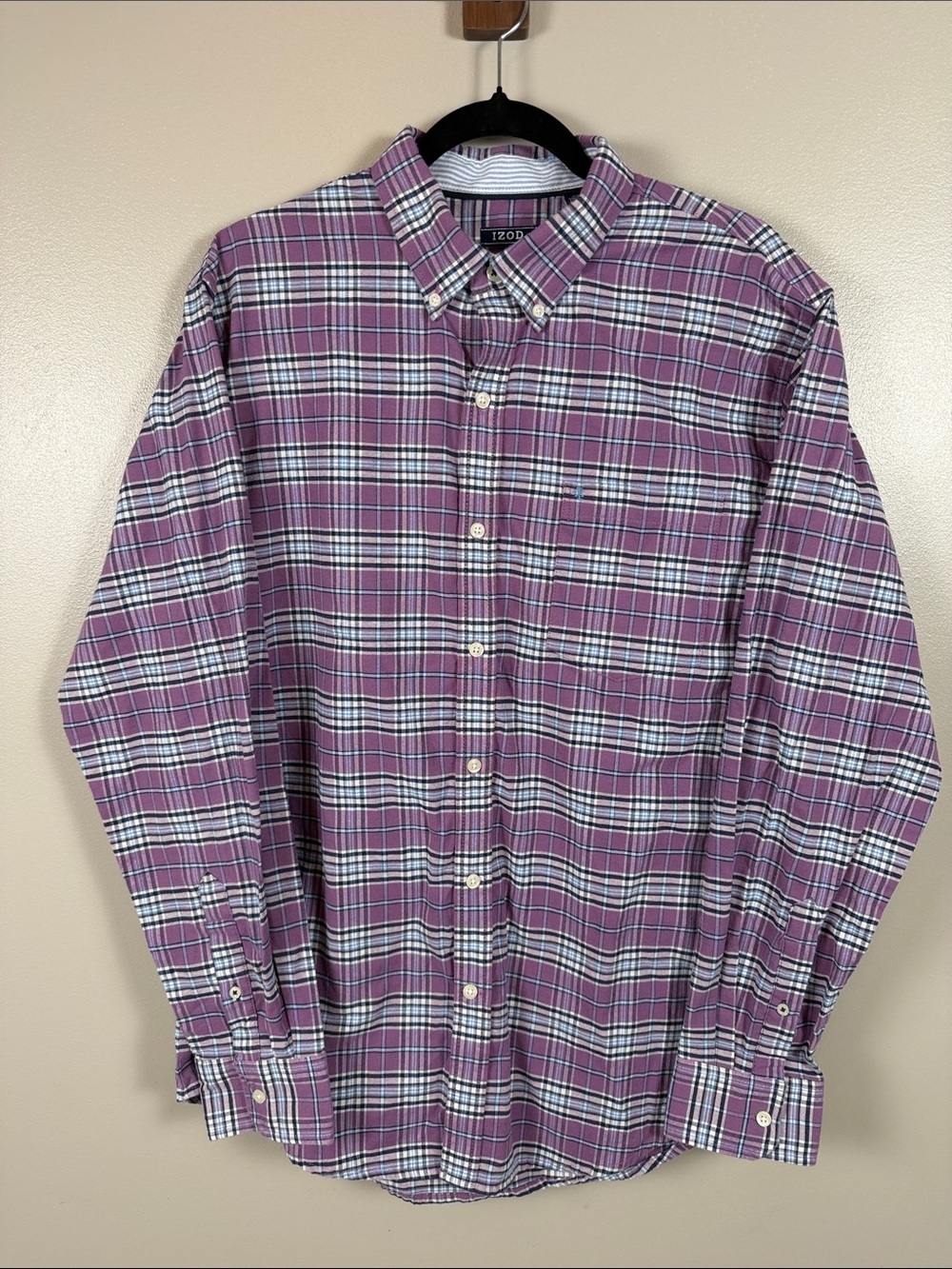 Izod Men’s Long Sleeve Purple Plaid Button-Down Shirt with White Accents